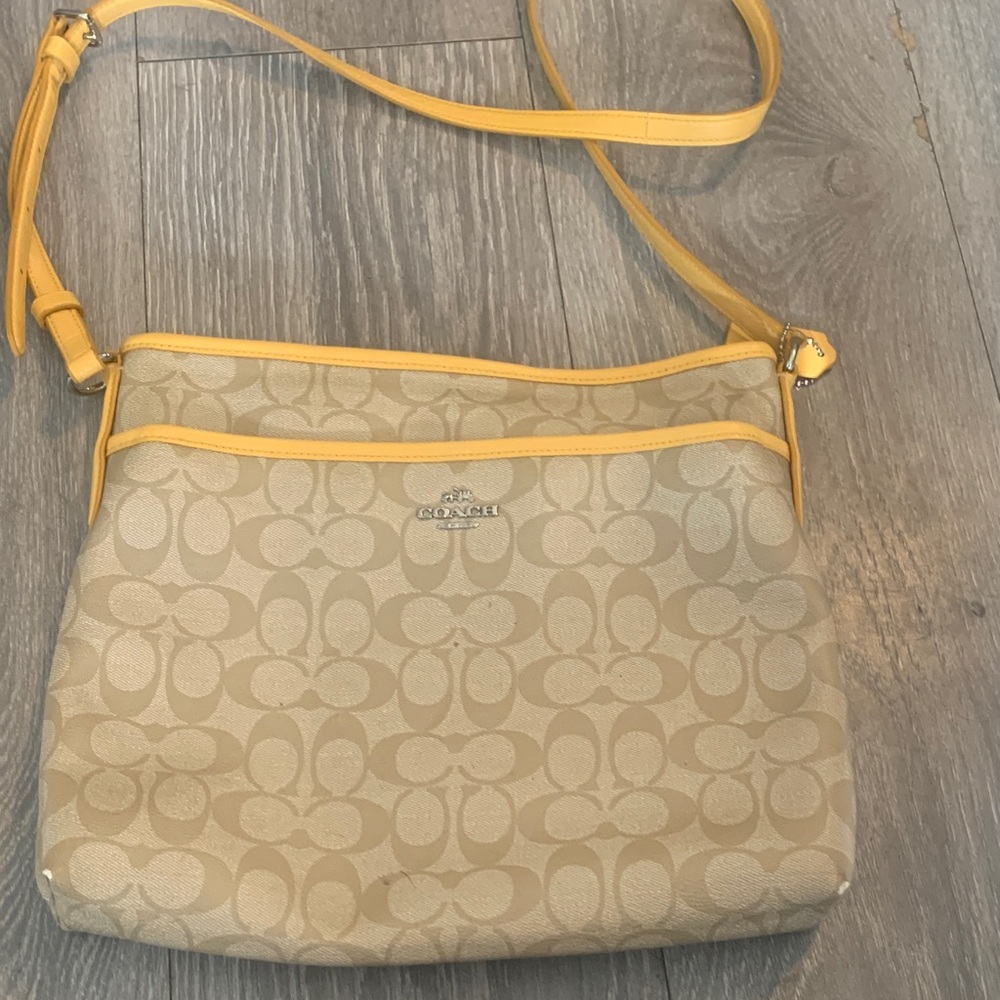Coach Beige and Yellow Crossbody Bag yellow leather trim and canvas with keych